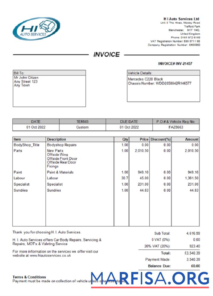 Blank United Kingdom H I Auto Services Ltd template